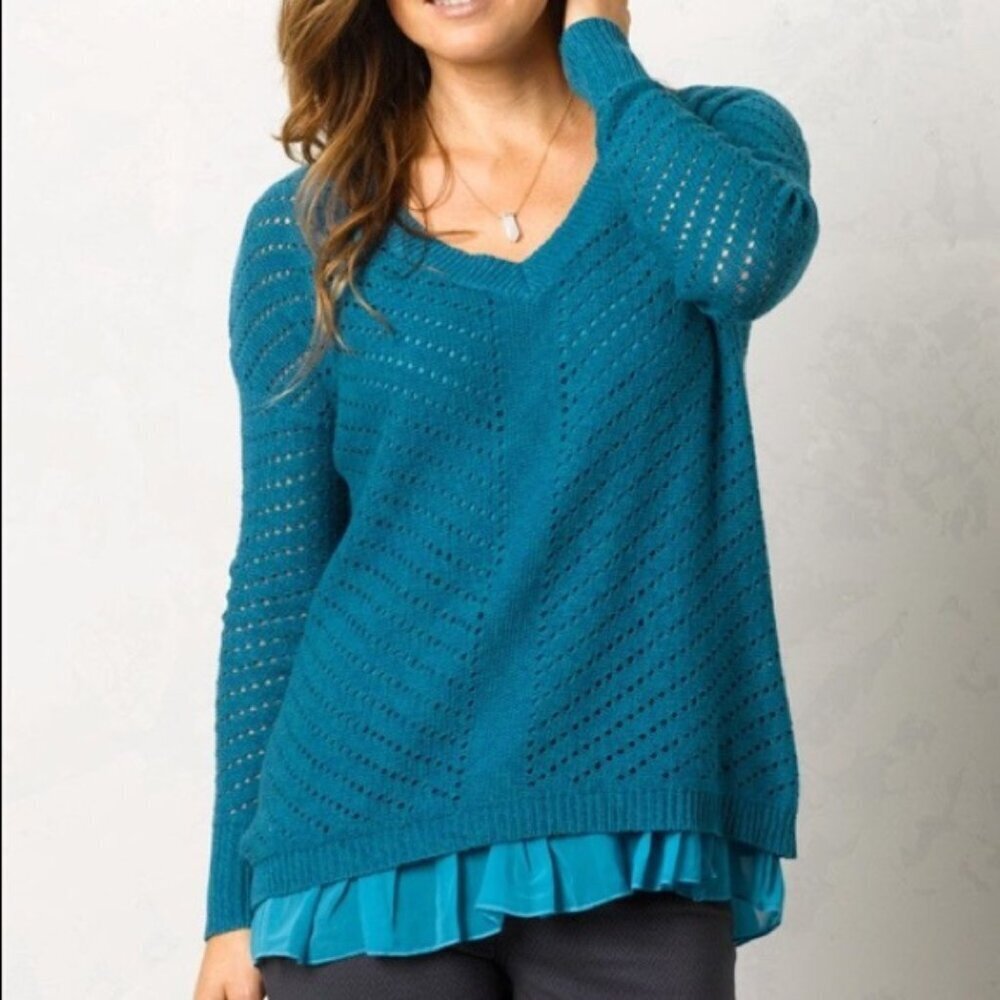 PRANA Women's Medium Ellery Sweater Open Knit Ruffle Bottom Mosaic Blue Cotton